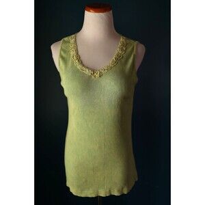 Vintage Oneworld Y2K Ribbed Green Washed Sequin Lace Tank Top Cottagecore XL